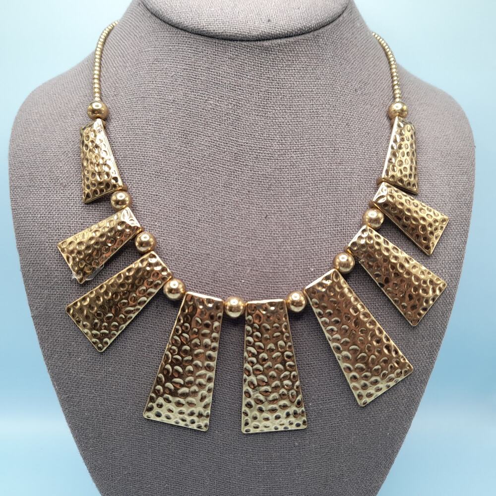 Erica Lyons Hammered Gold Tone Bib Necklace, Statement Jewelry, 21” Adjustable